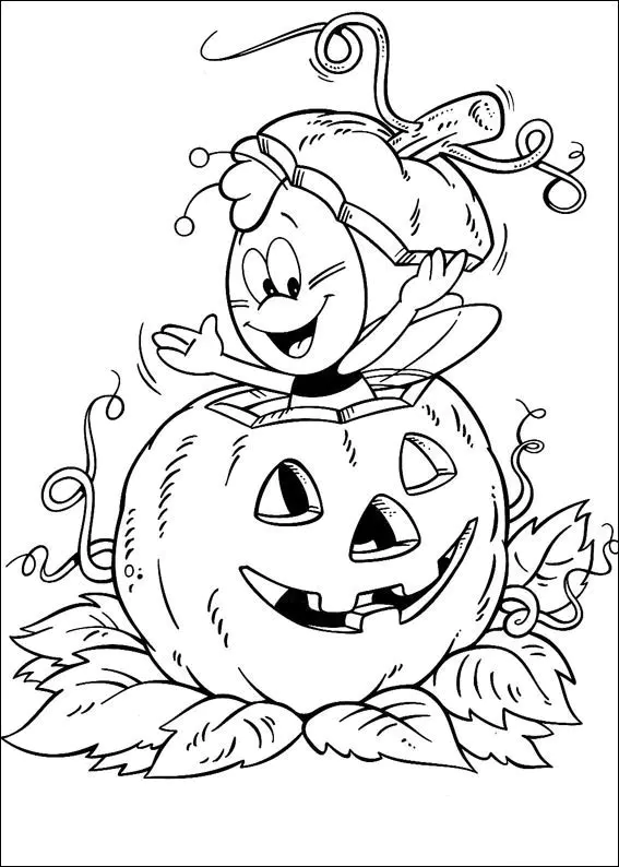 Maya the bee in a pumpkin (Printable Halloween Coloring Page for Kids)