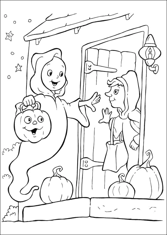 Ghost visiting a witch (Printable Halloween Coloring Page for Kids)