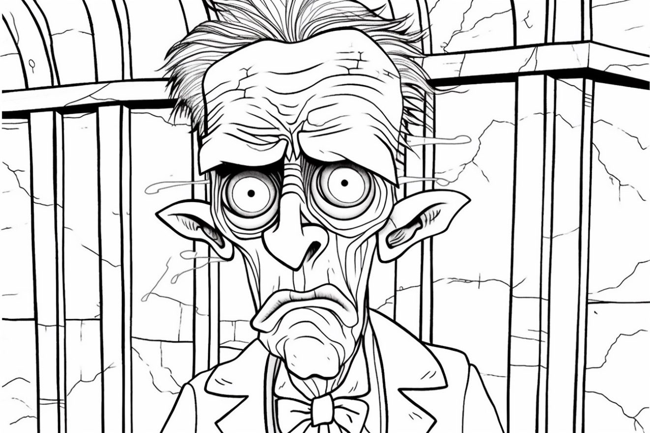 Strange monster in prison. A funny watch, a cross between a zombie and a Frankenstein's creature, to color.