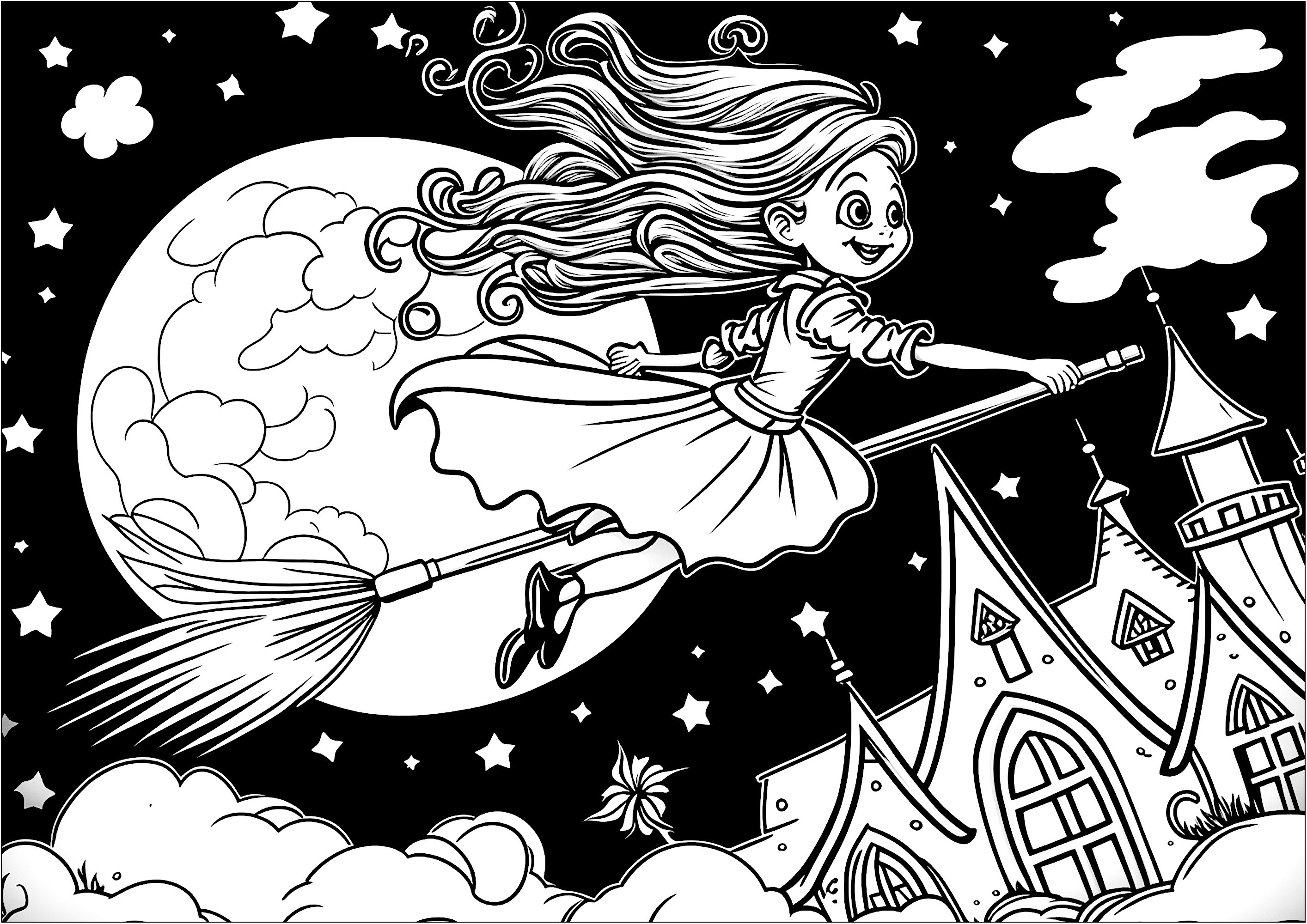 Coloring of a young witch on a broom. Color this witch flying on her broom through a starry sky, in front of the full moon, looking giant.