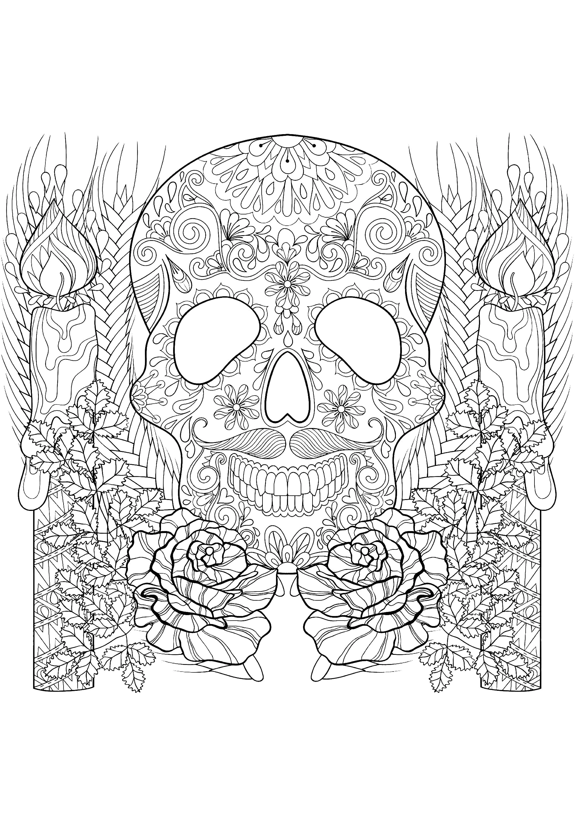 Skull and candle (Printable Halloween Coloring Page for Kids)