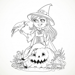 Beautiful witch sitting on a pumpkin and talking to a black raven