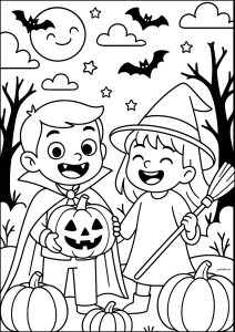 Happy young monsters (Halloween Coloring Page)