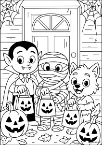 Halloween party with three Monsters (Coloring Page)