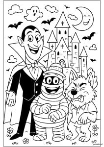 Monsters in front of a castle (Halloween Coloring Page)