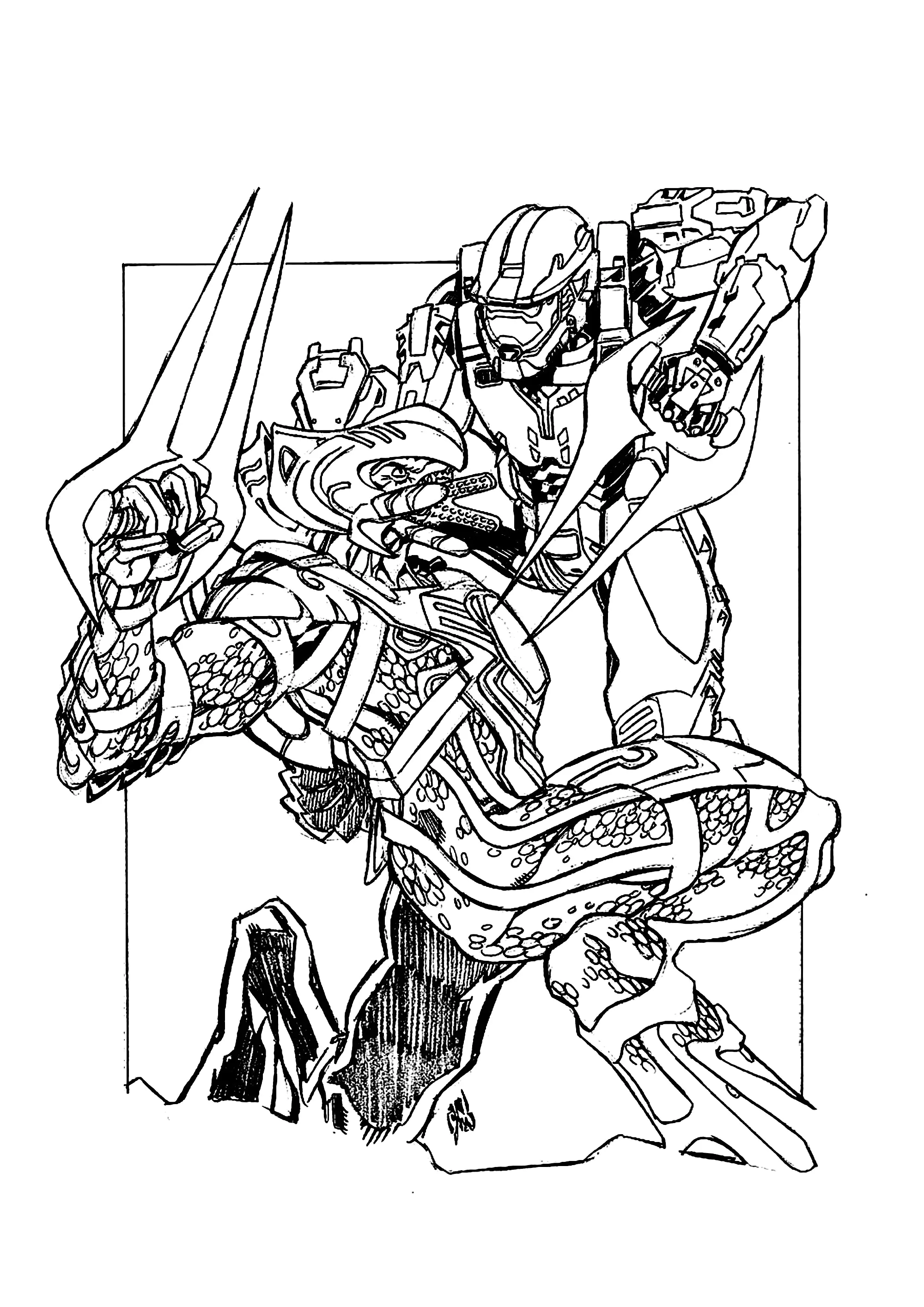 Battle between a soldier and an alien (Printable Halo Coloring Page for Kids)