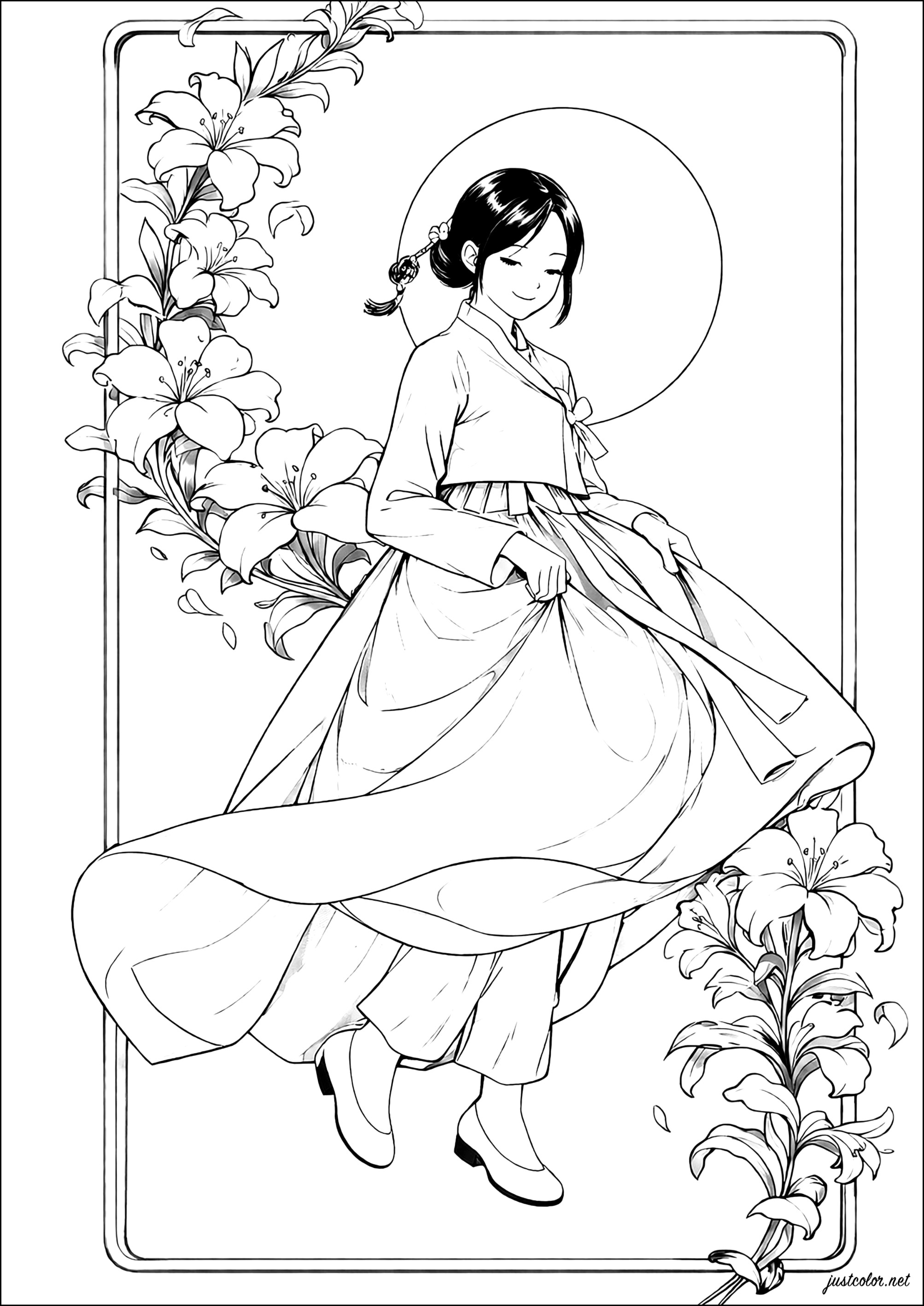 Harmony of flowers and traditional elegance (Printable Hanbok Coloring Page for Kids)