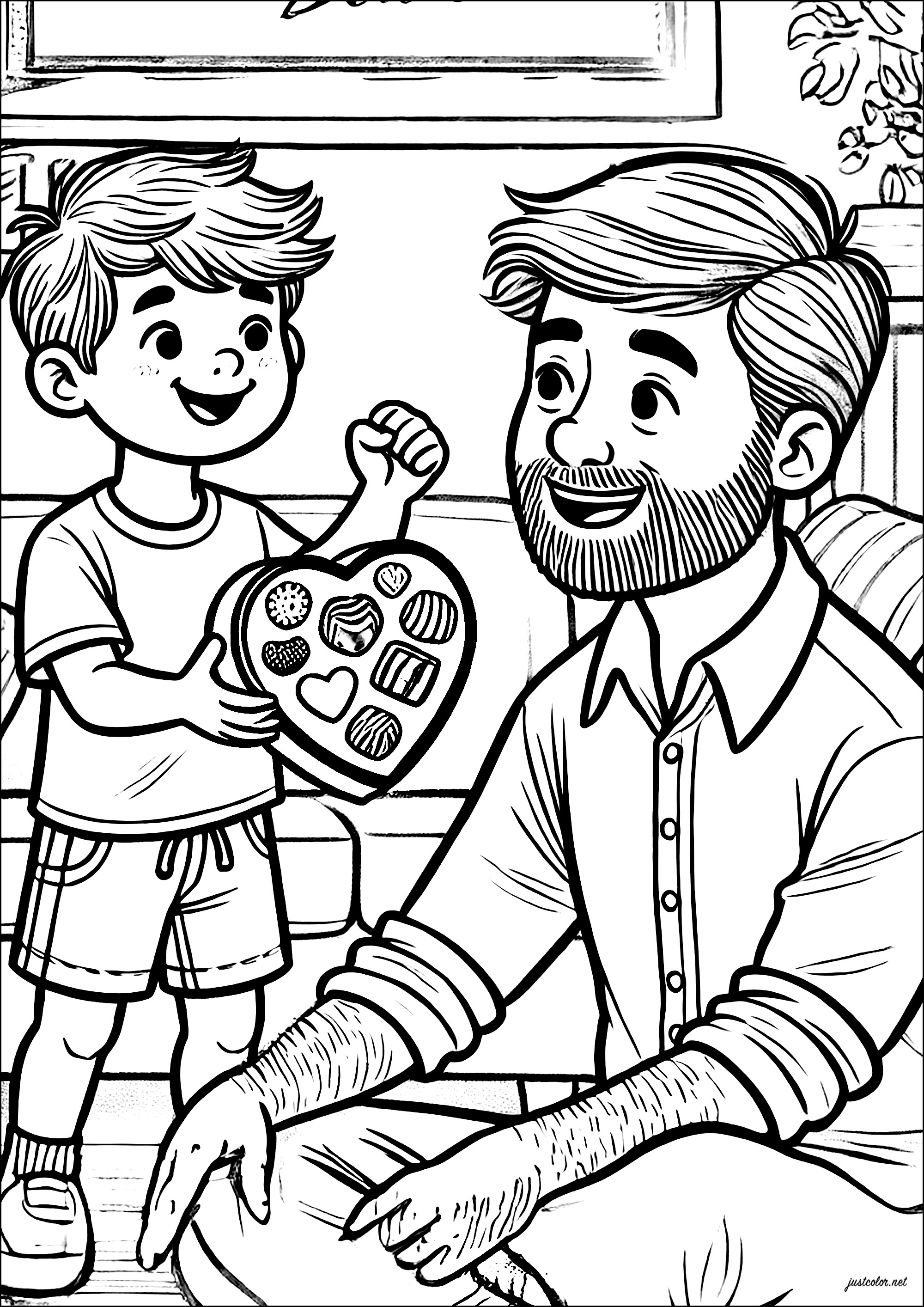 Little boy offering chocolates to his father - Father's day Coloring Pages