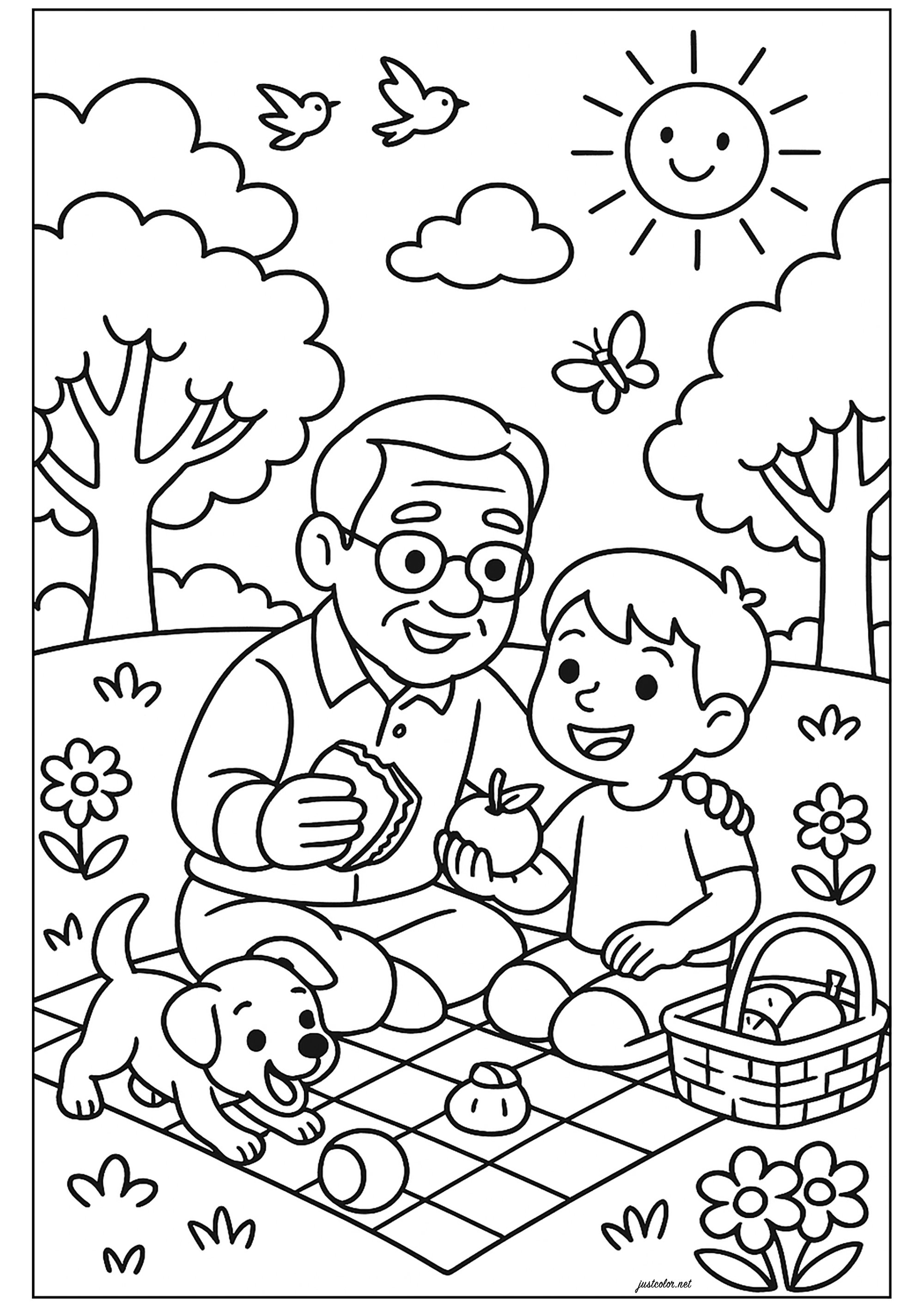 One. Grandfather and grandson share a simple moment outdoors