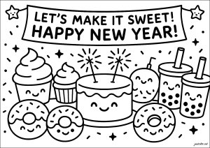 Gourmet treats to celebrate the year (Happy New Year Coloring Page)
