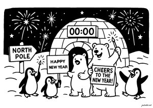 Joyful celebration at the North Pole (Happy New Year Coloring Page)