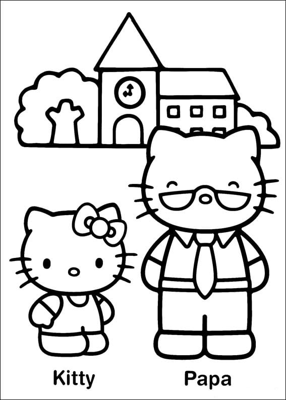 Hello Kitty and her daddy to color, with house in background