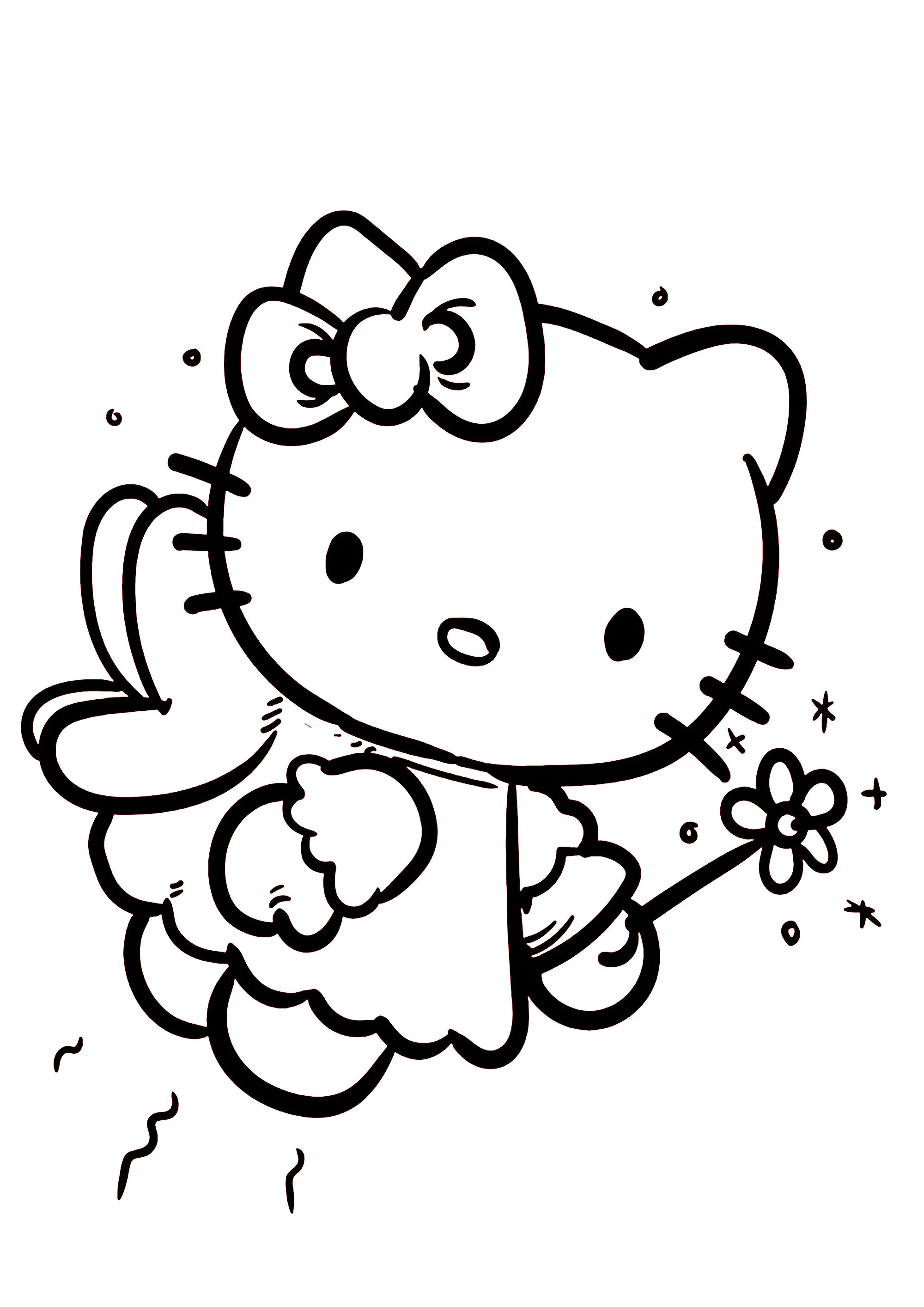 Hello Kitty as a pretty fairy flying in the sky (Printable Coloring Page for Kids)