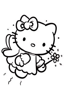 Hello Kitty as a pretty fairy flying in the sky (Coloring Page)