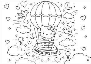 Hello Kitty takes to the skies in a hot-air balloon (Coloring Page)