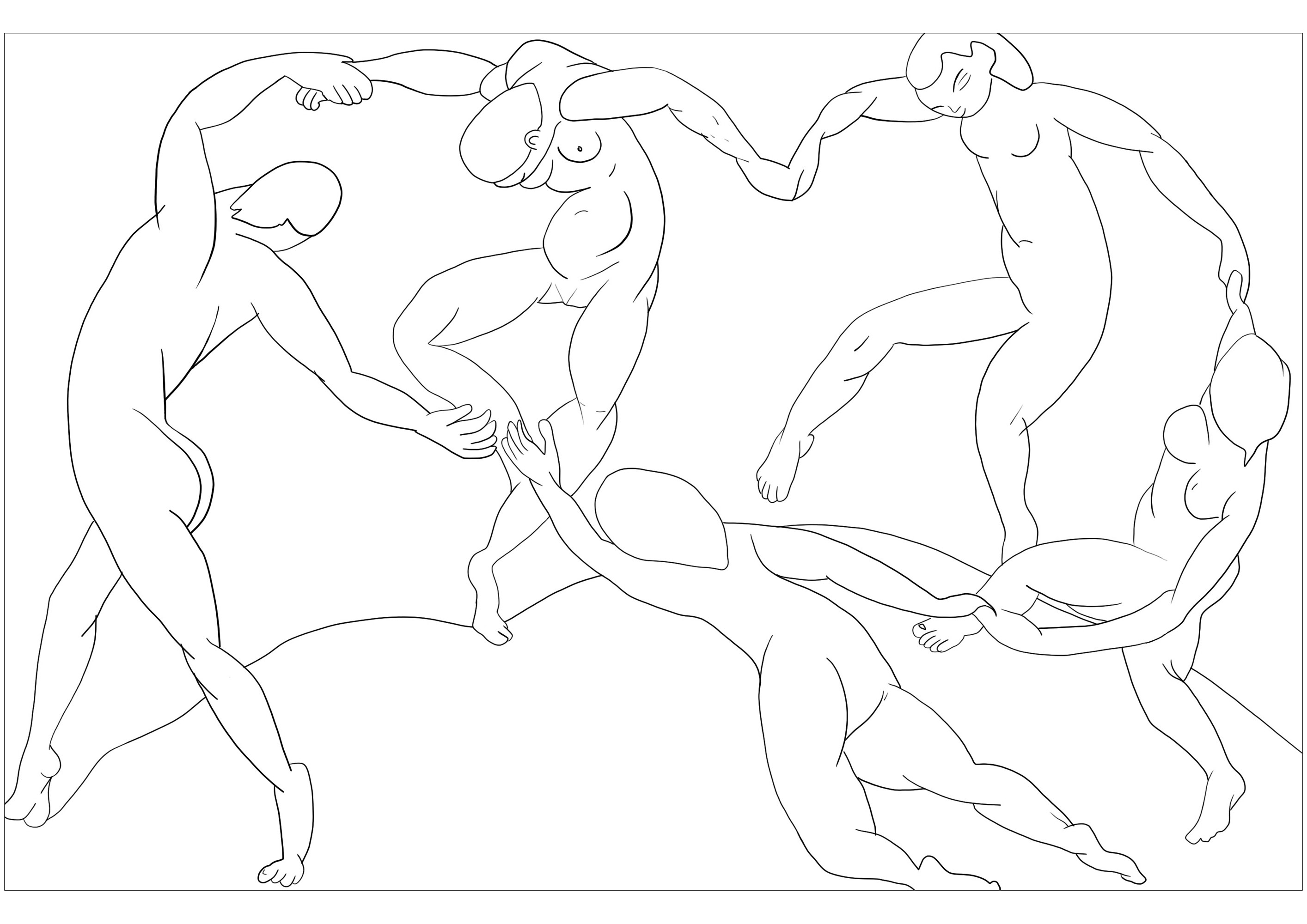 Coloring created from the painting by Henri Matisse: The Dance (1909-1910). This coloring page for children is inspired by the famous painting by Henri Matisse, The Dance (1909-1910). It is composed of five dancing characters, represented by geometric shapes.The clean lines create a joyful atmosphere and invite children to let their imagination run free.