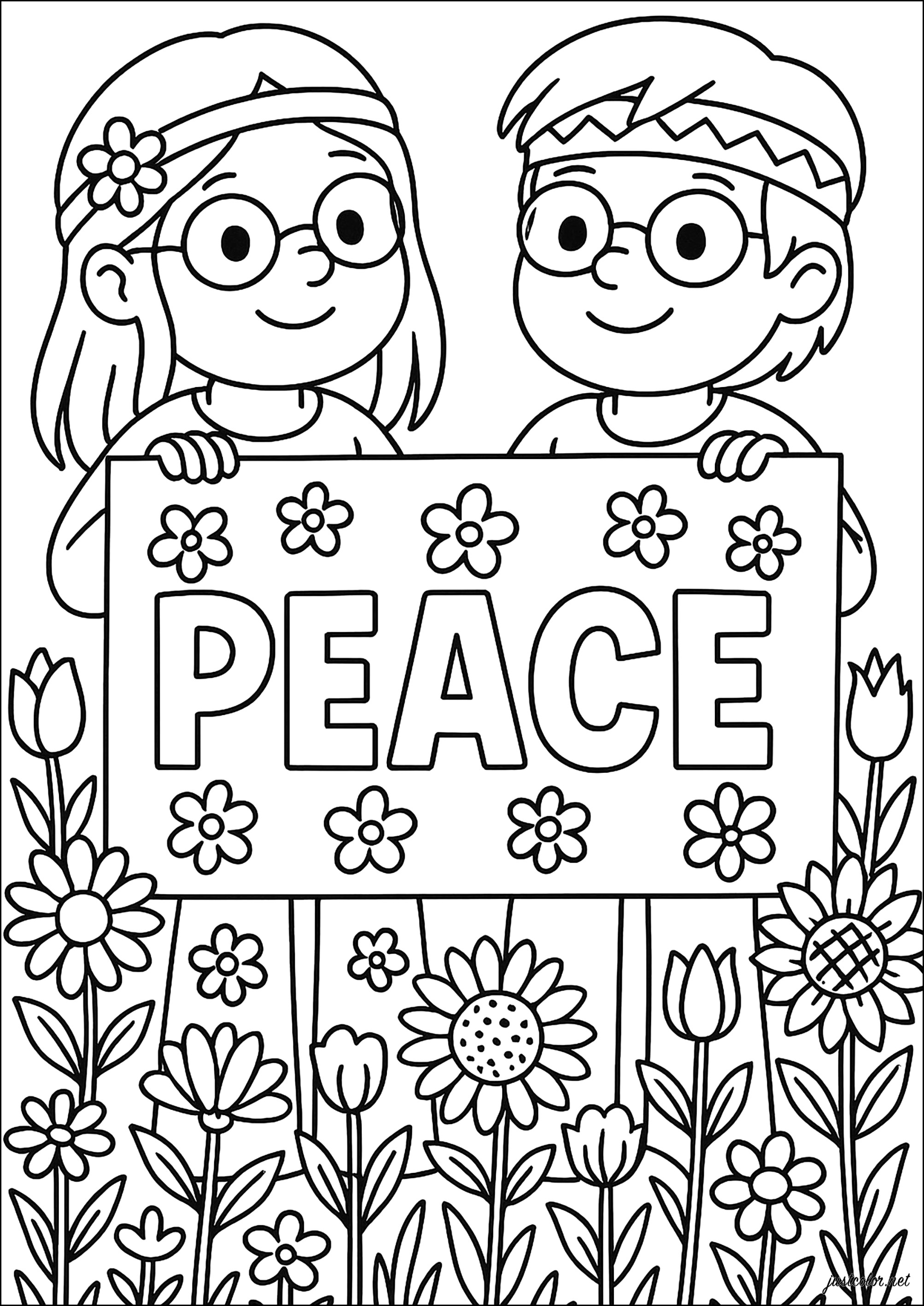 Children displaying a peaceful message (Printable Hippie Coloring Page for Kids)