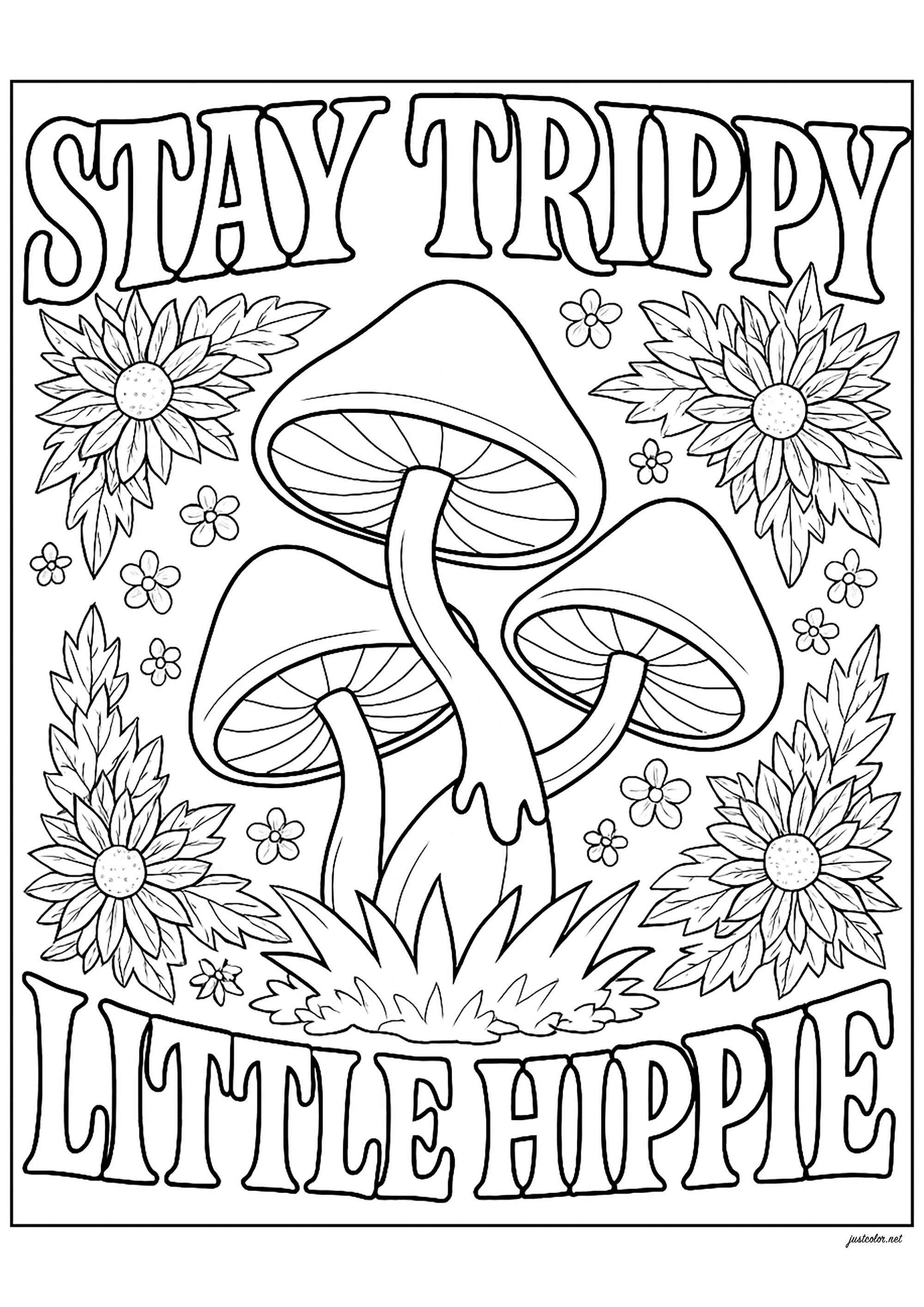Hallucinogenic mushrooms (Printable Hippie Coloring Page for Kids)