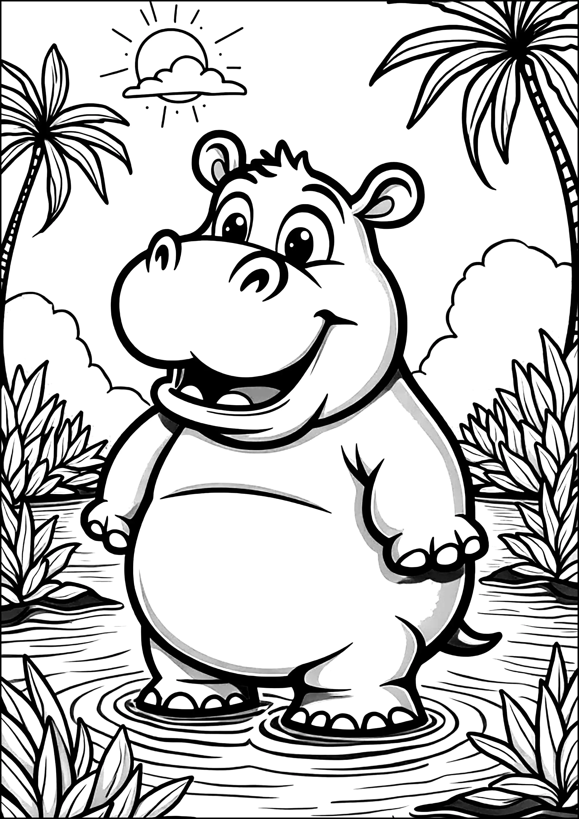 Happy hippopotamus (Printable Coloring Page for Kids)