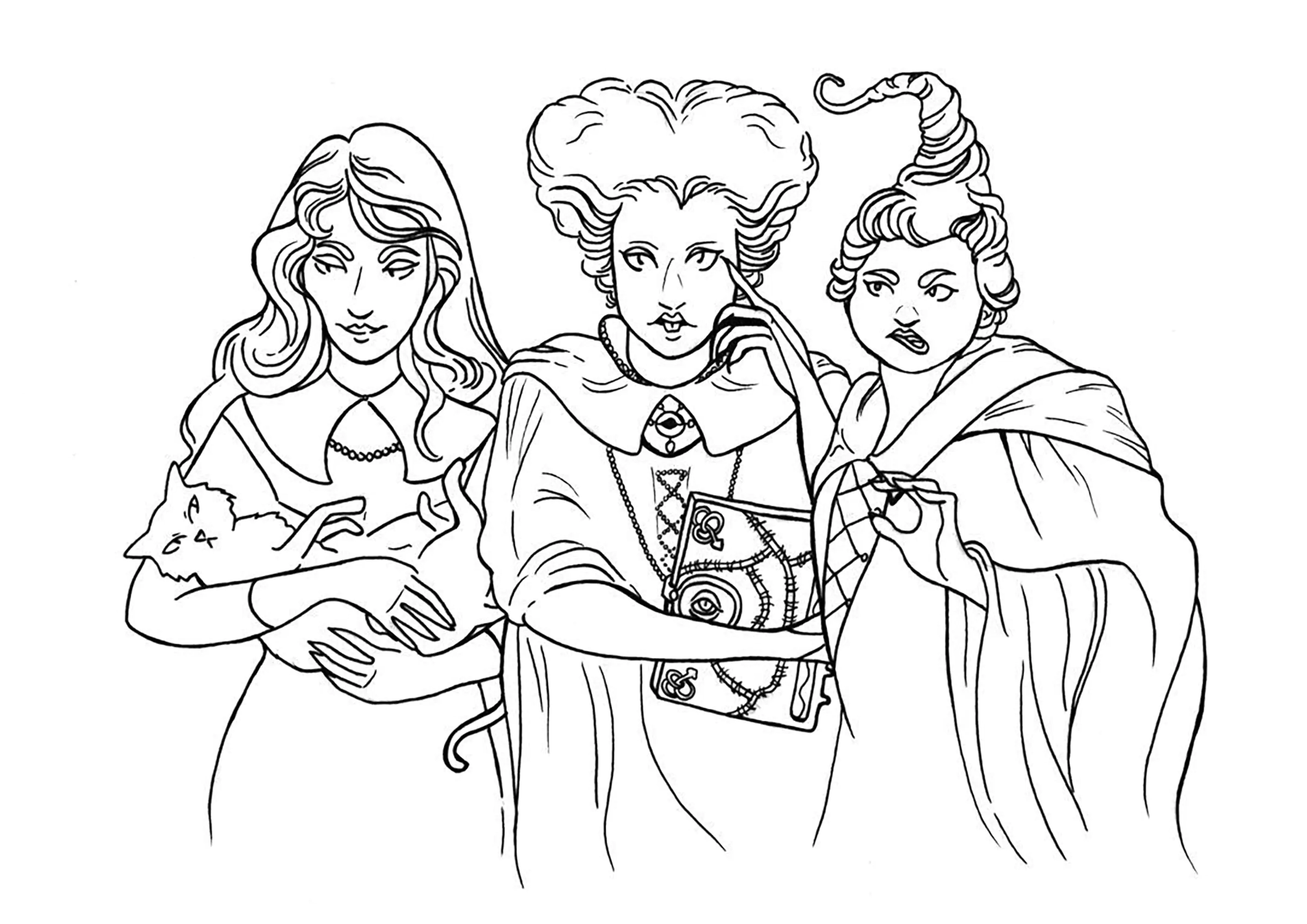The three witches: Winifred, Sarah and Mary (Printable Hocus Pocus Coloring Page for Kids)