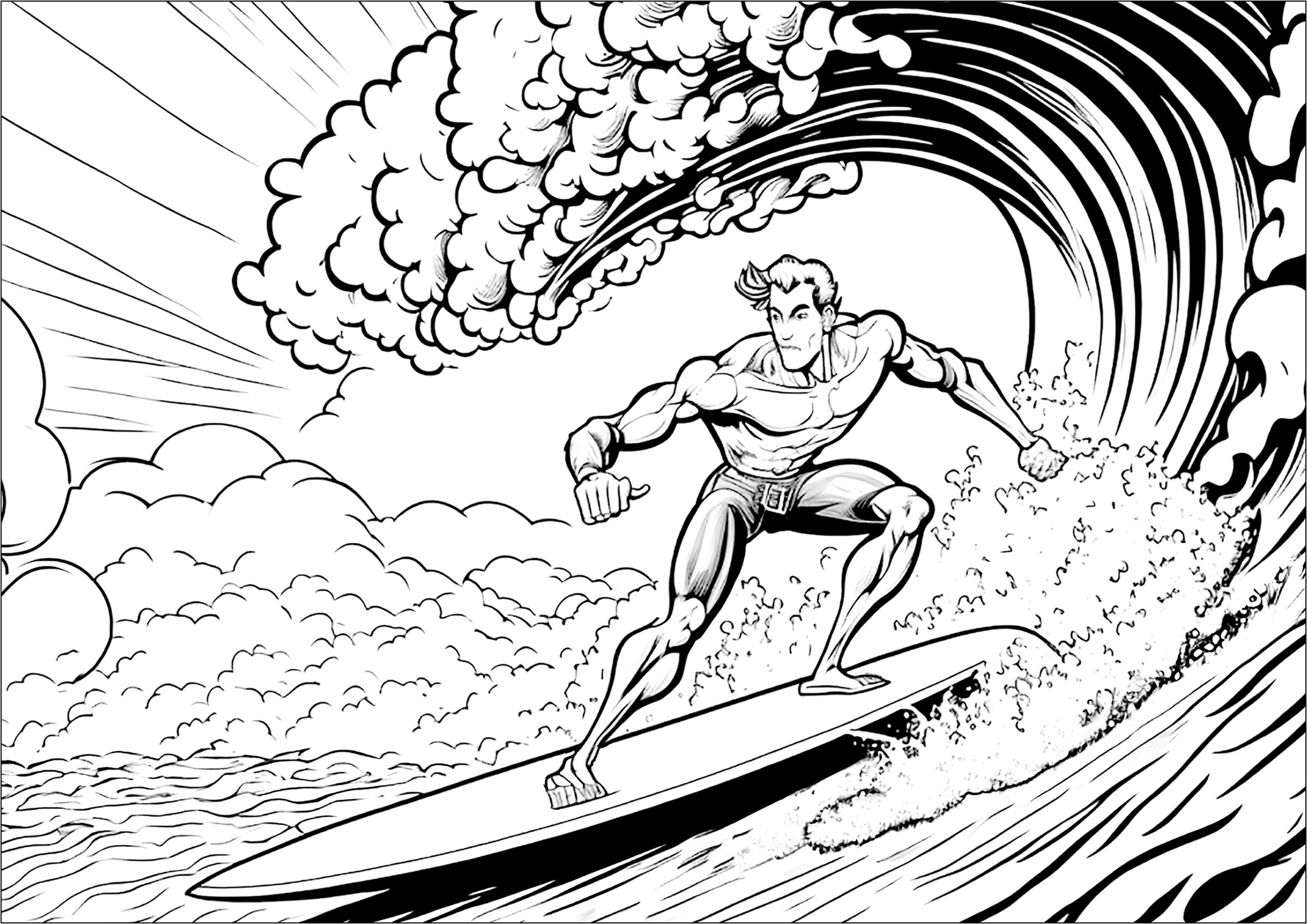 Extreme Surfer Coloring Page. Come ride the waves with this surfer coloring page. He's ready for anything to take on the biggest waves! Join this extreme sports enthusiast as he tames the water monster that is breaking over him.