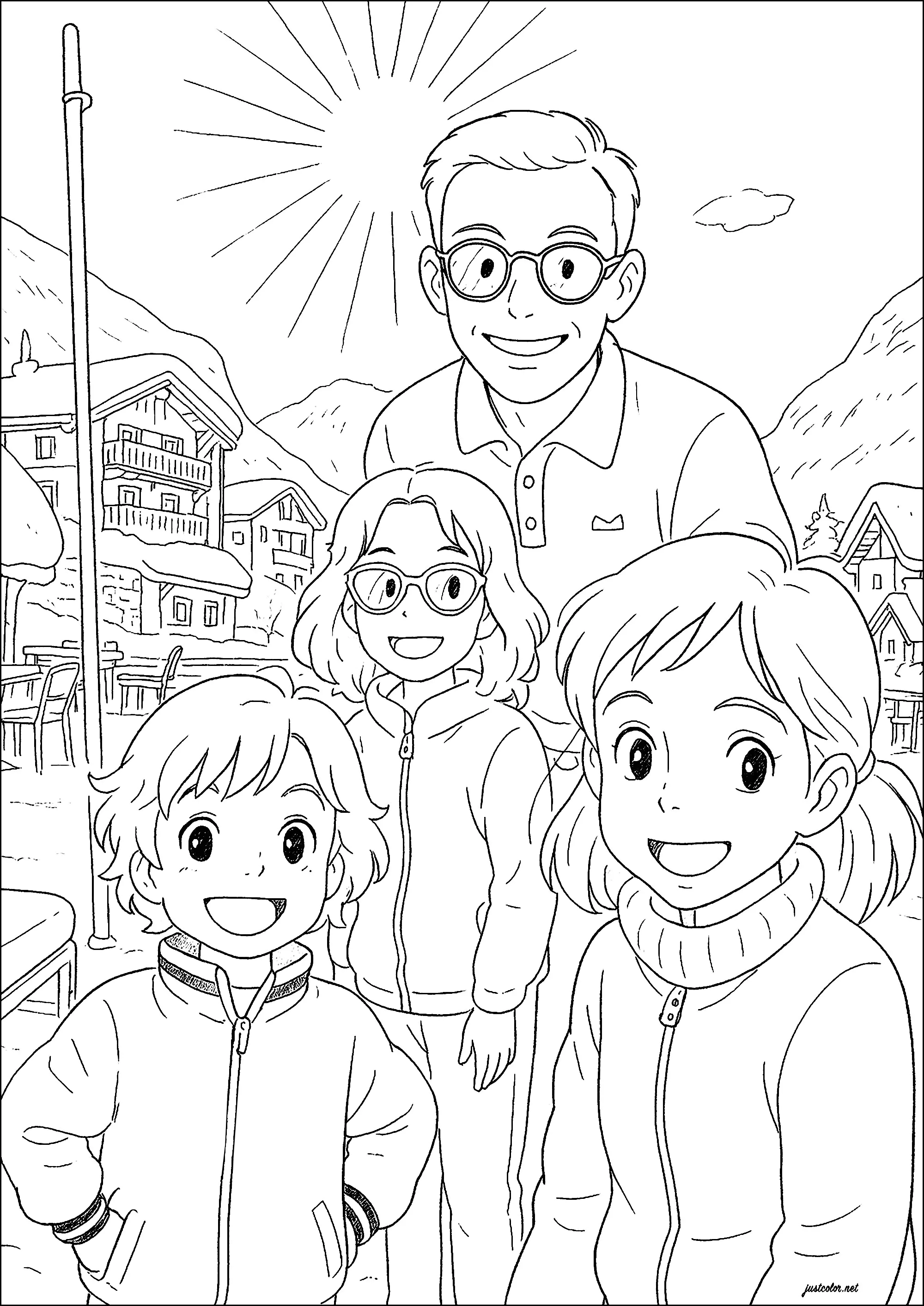 Friendly winter sports family (Printable Holiday and Travel Coloring Page for Kids)
