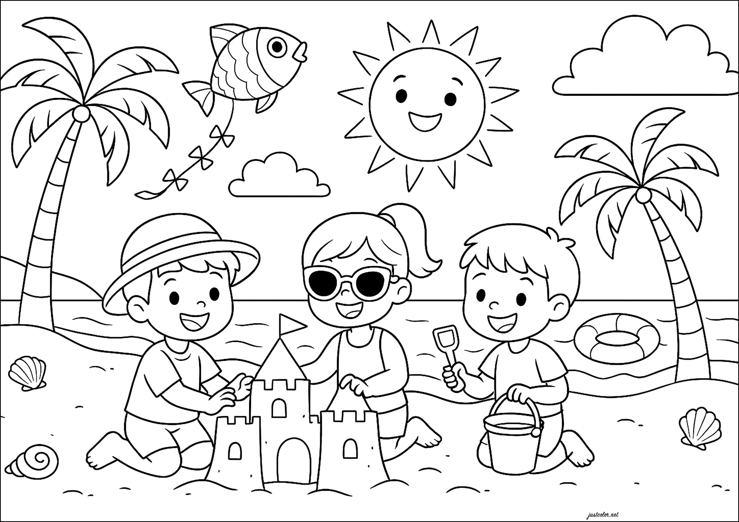 Sandcastle building - Holiday and Travel Coloring Pages, image size:2828x2000