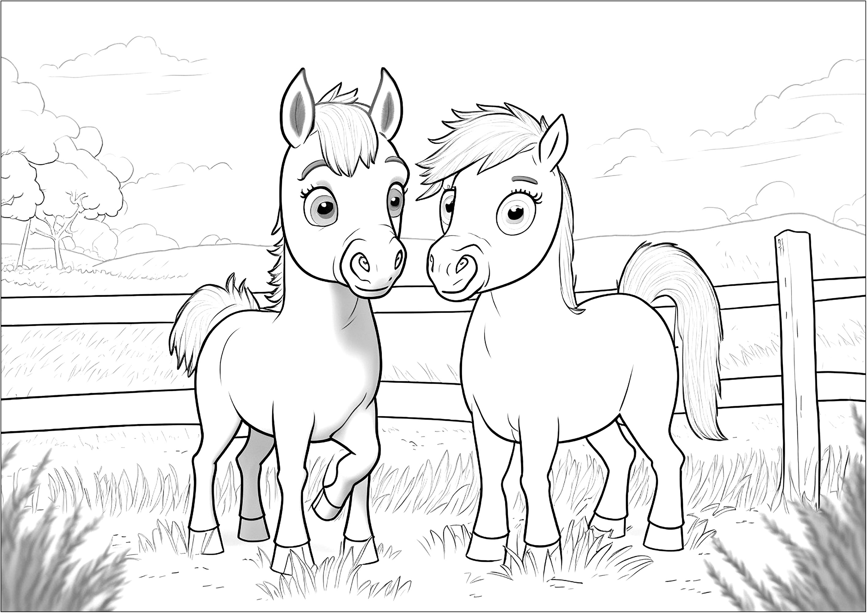 Two pretty horses to color. This coloring page is perfect for children who love horses and the world of horseback riding. It features two horses in their paddock, with a nice background of trees, plains and clouds.