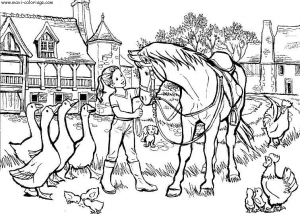 Coloring page horse for children : Horse in a farm