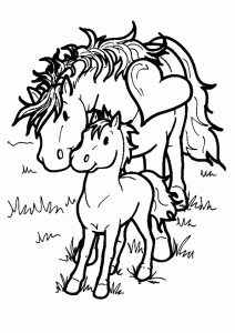 Coloring page horse to color for children : Mother & Little horse