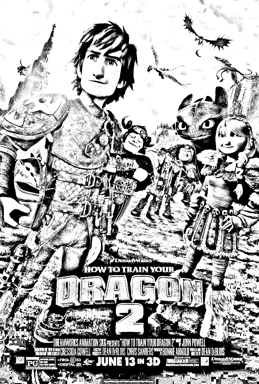 The poster of the movie Dragon 2 transformed into a coloring page to print and color