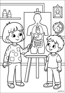 Children in front of an anatomical chart