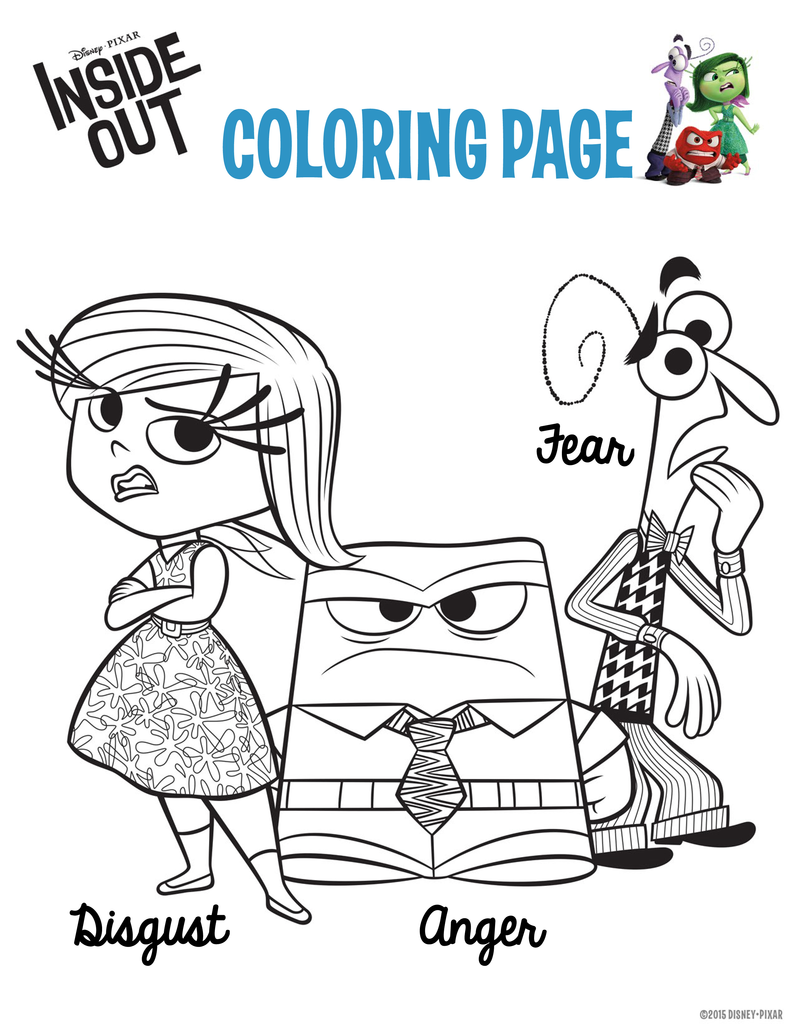 Free Inside Out coloring page to download : Disgut, Anger and Fear