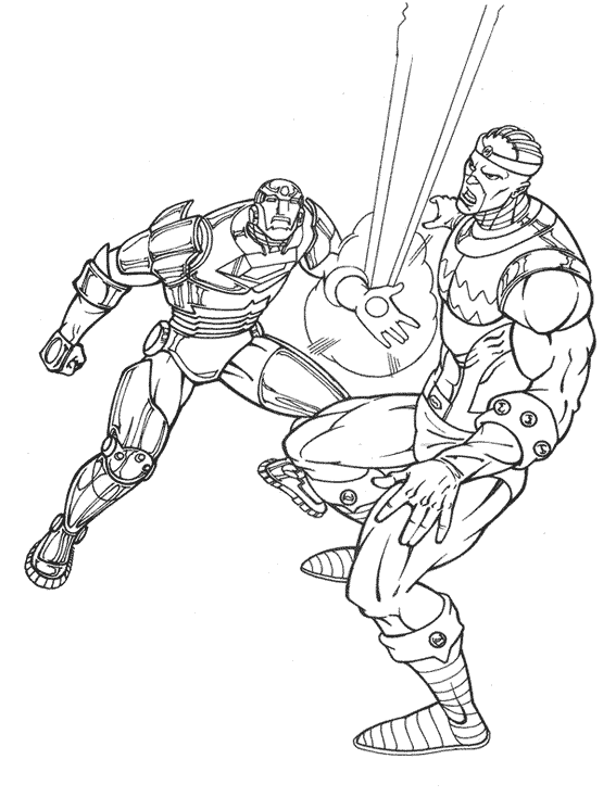Free coloring pages of Iron Man fighting against a villain