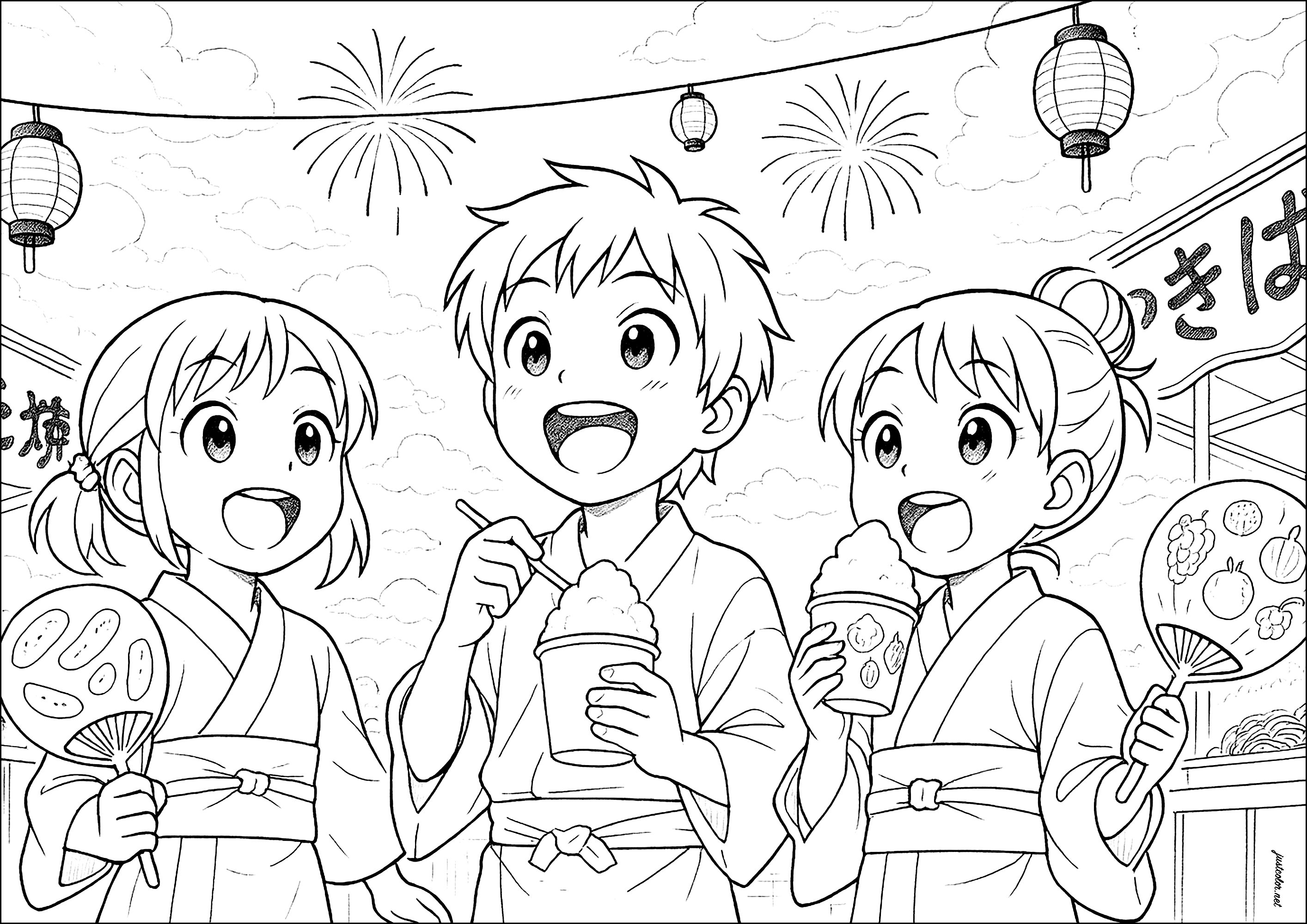 Tokyo exploration for three friends - Japan Coloring Pages for Kids