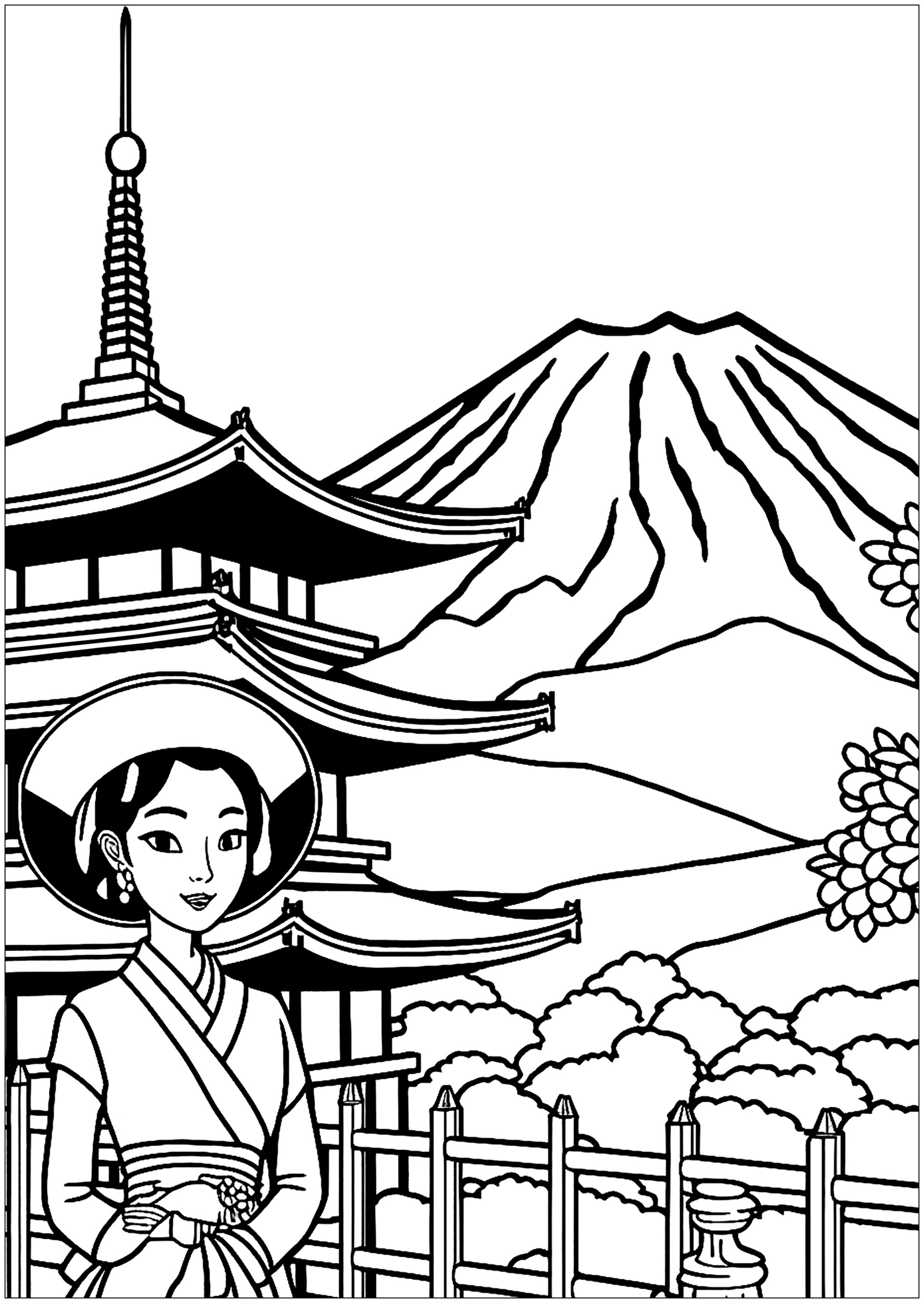 Geisha with a Japanese temple and Mount Fuji