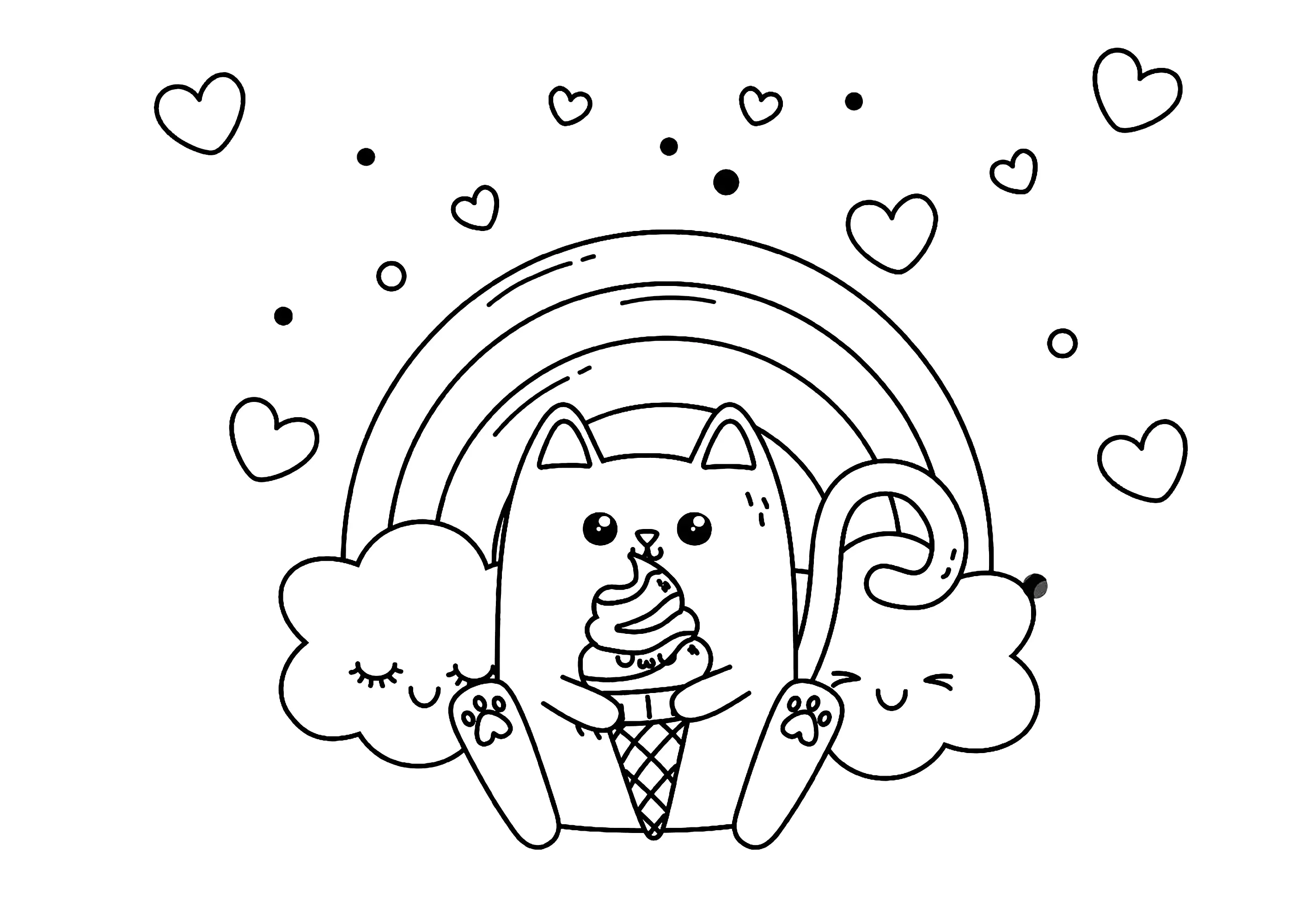 Little cat with an ice cream, in front of a pretty rainbow (Printable Kawaii Coloring Page for Kids)
