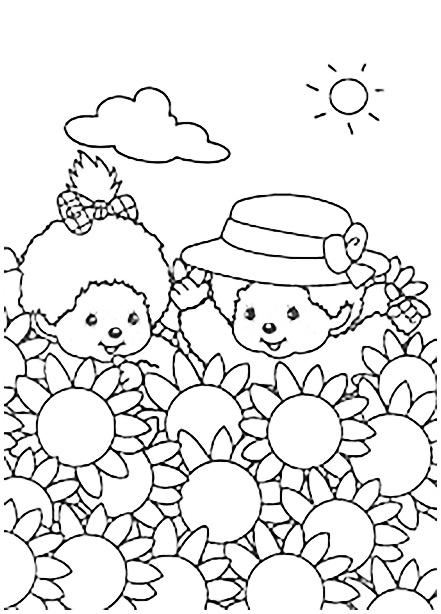 Kiki and sunflowers. Two Kiki characters having fun in a field of sunflowers