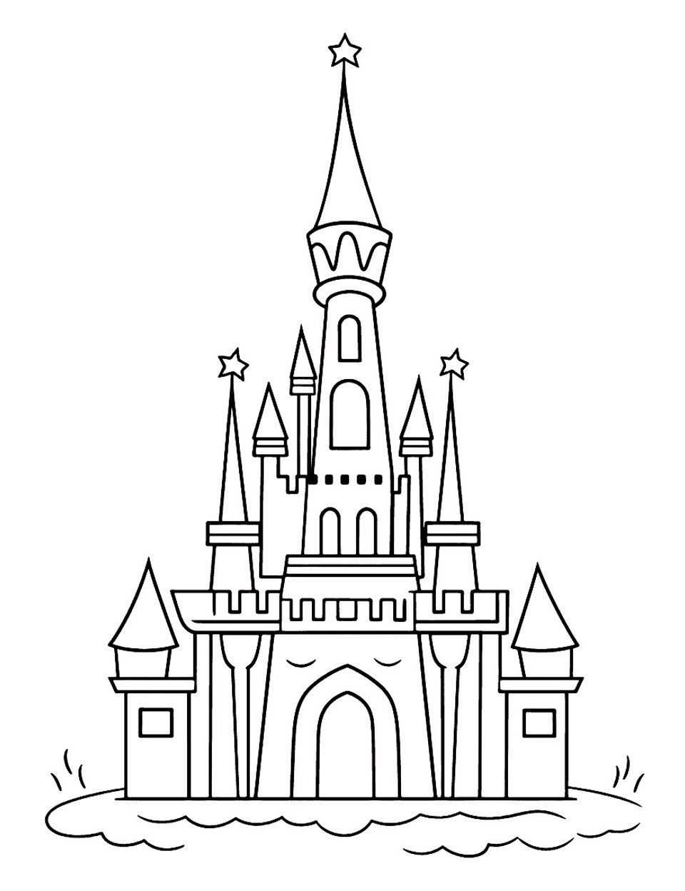 Knight, Castle and Dragon Coloring Page : Simple drawing of a fairytale castle Printable Knight, Castle and Dragon Coloring Page for Kids : Simple drawing of a fairytale castle