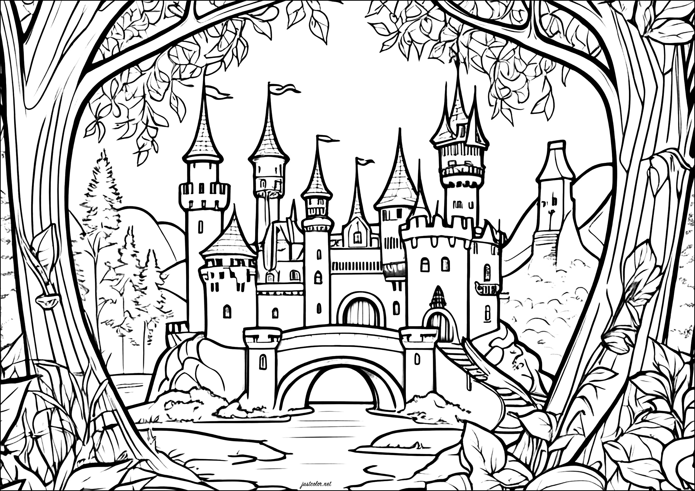 Knight, Castle and Dragon Coloring Page : Magnificent castle in the forest Printable Knight, Castle and Dragon Coloring Page for Kids : Magnificent castle in the forest