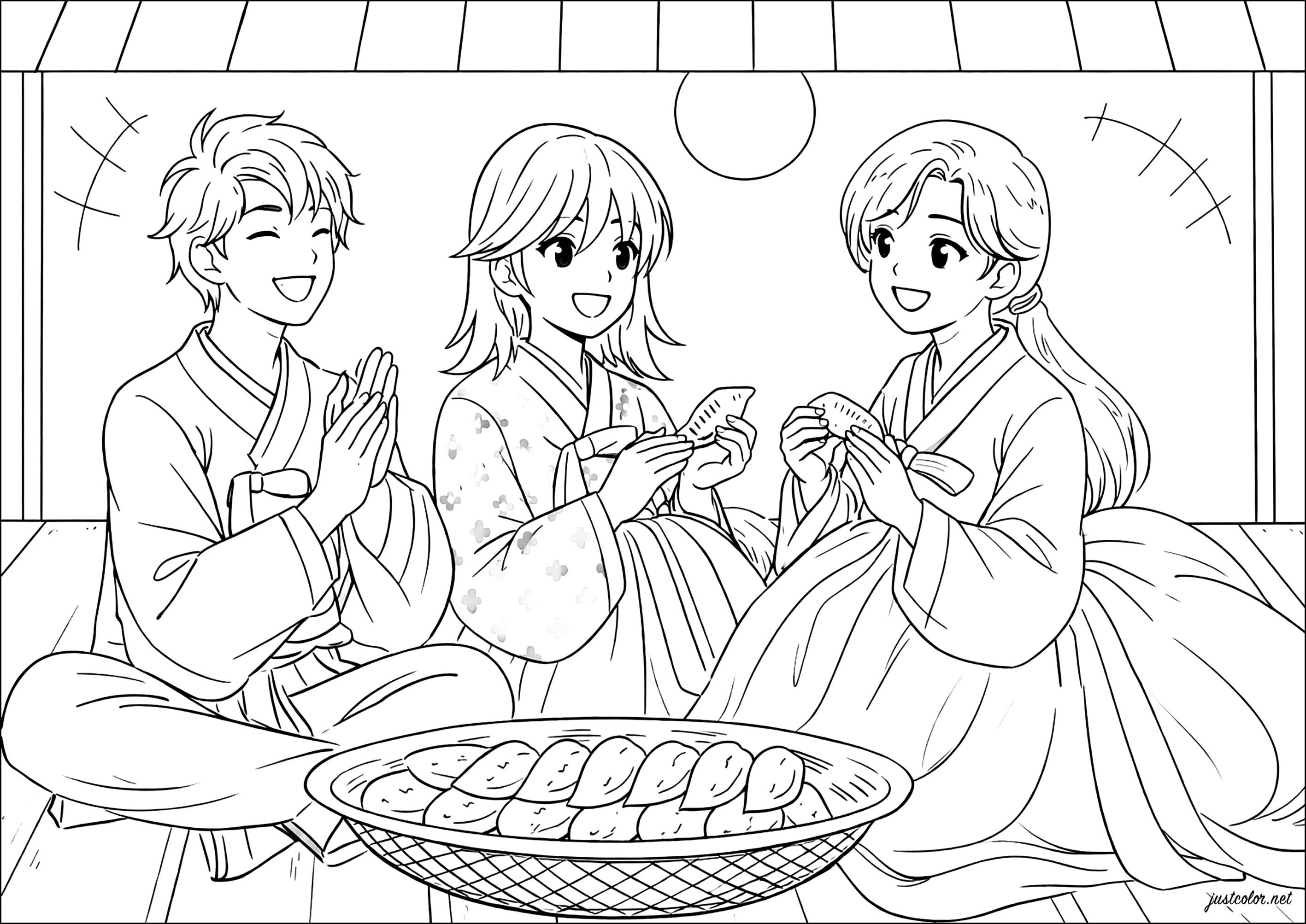 A convivial moment over songpyeon, Korean rice cakes (Printable Korean food culture Coloring Page for Kids)