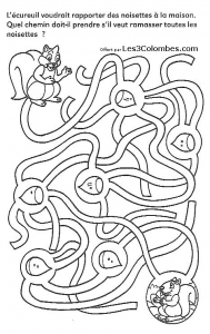 Coloring page labyrinths free to color for children : squirrels and hazelnuts