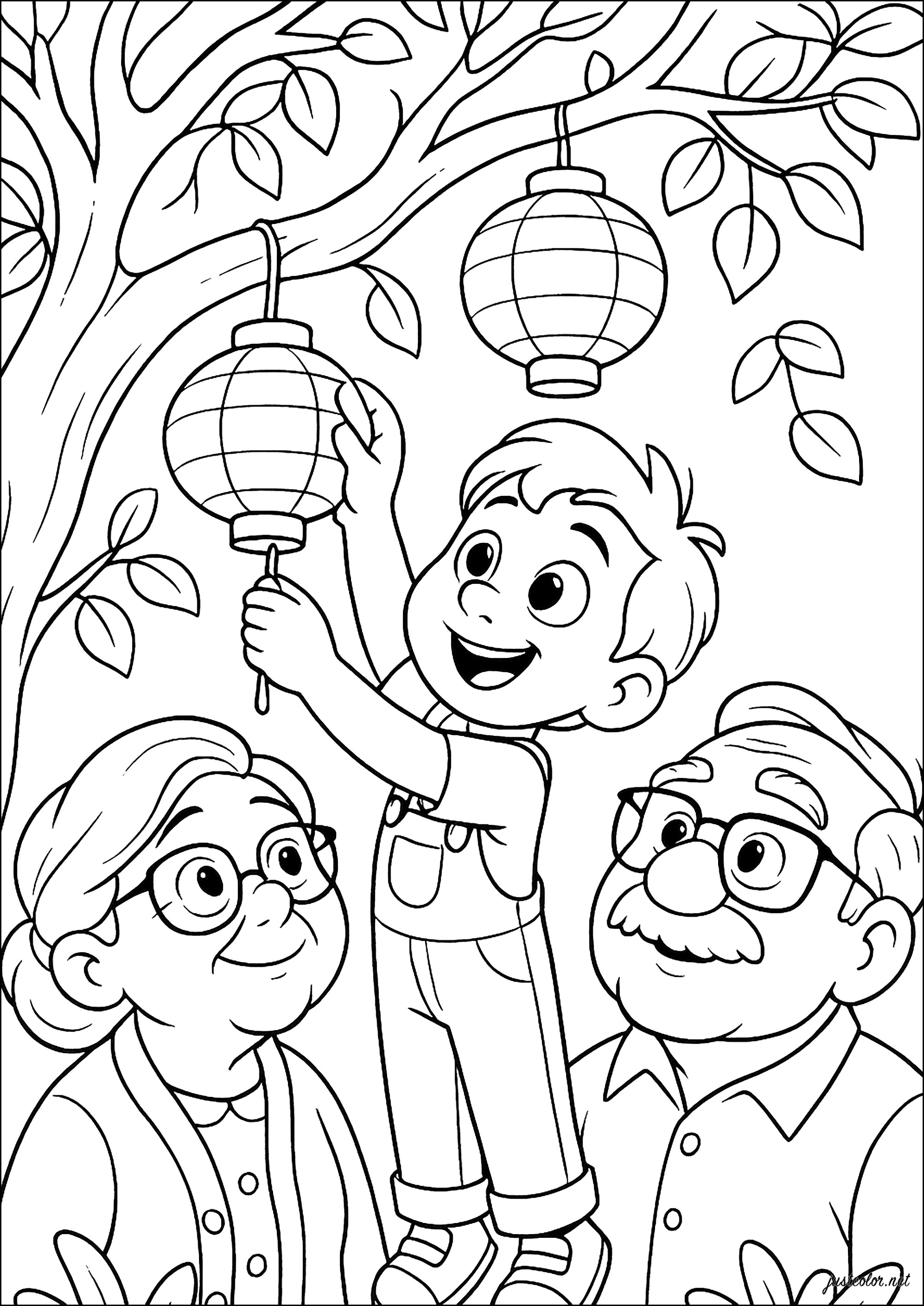 Happy day under the tree (Printable Lantern Festival Coloring Page for Kids)