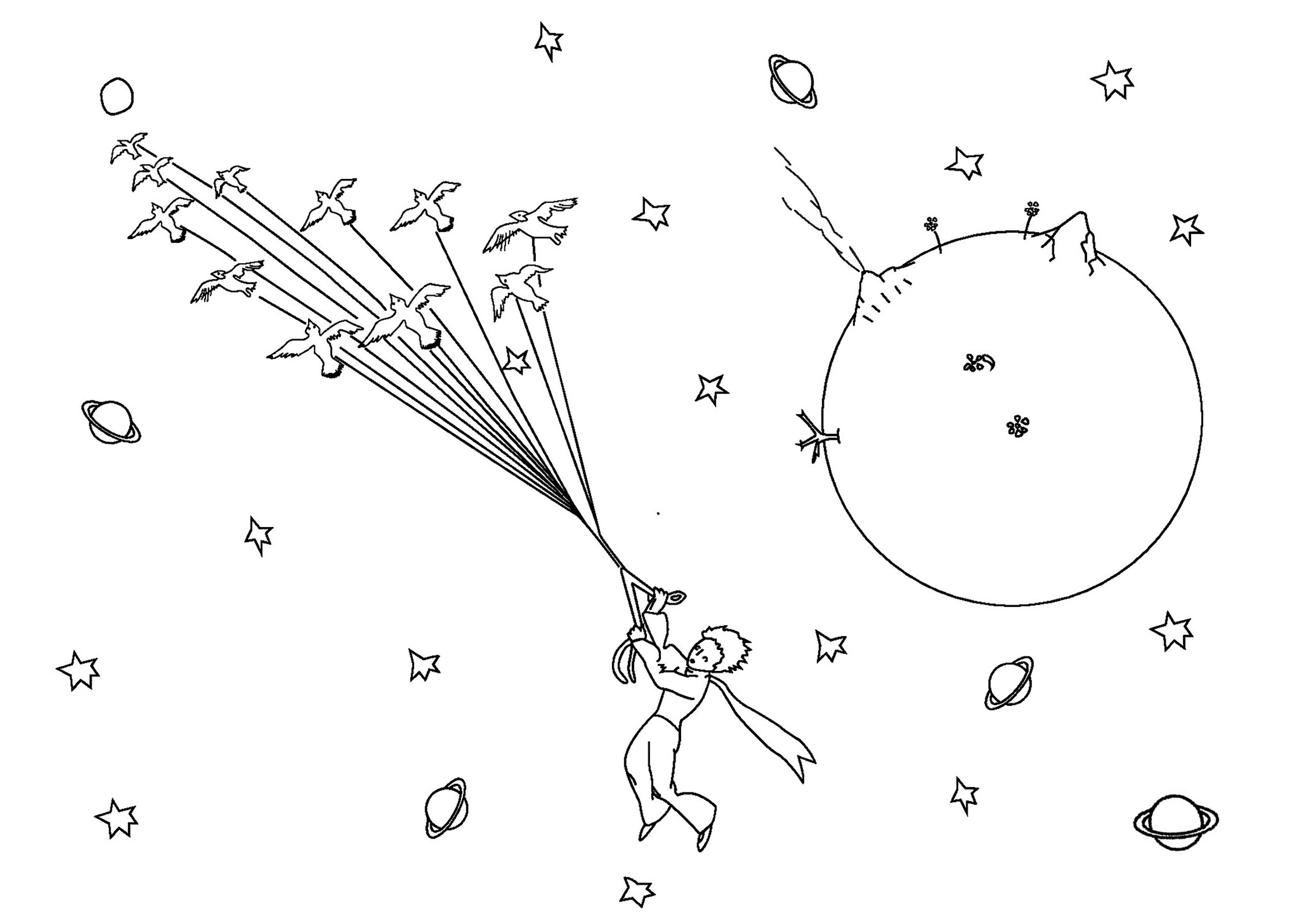 The Little Prince takes off and sails into space next to a planet.  and in the middle of stars and other distant planets