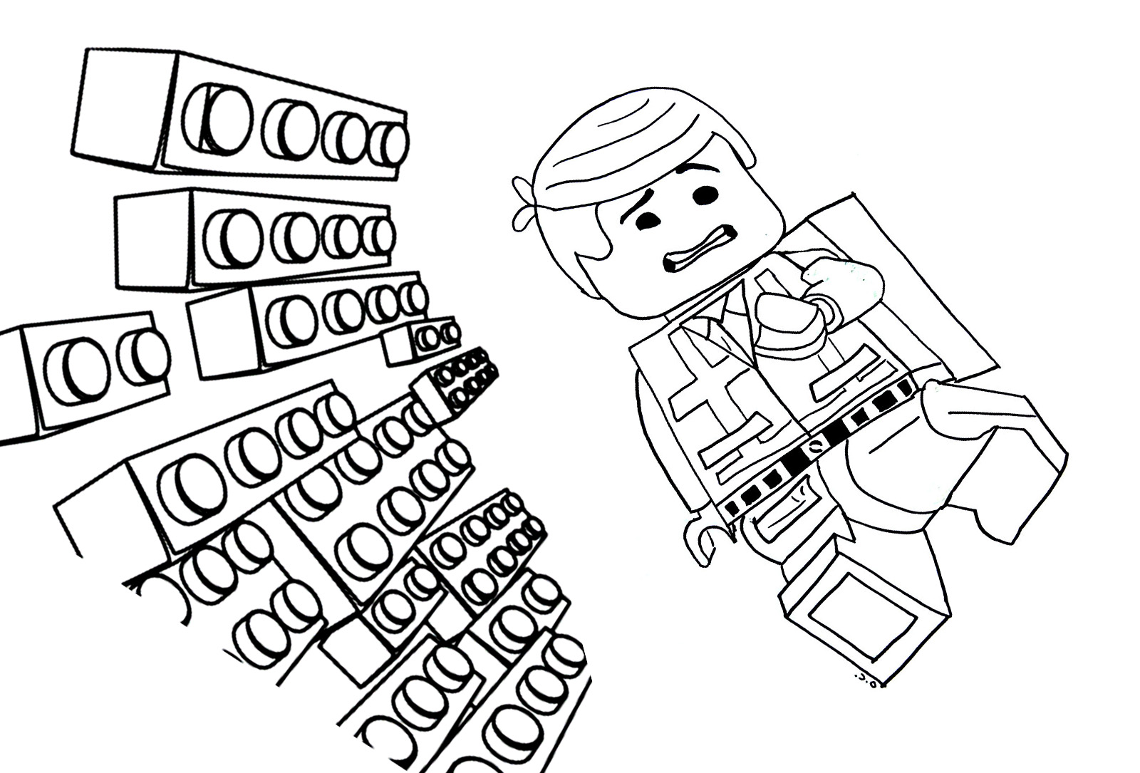 Drawing of Emmet the hero of LEGO MOVIE with bricks coming on him