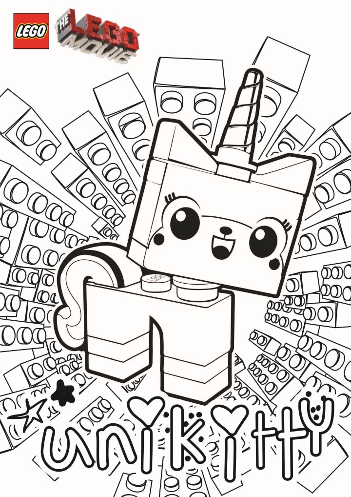 Coloring of Unikitty from the LEGOS Movie, with bricks in the background