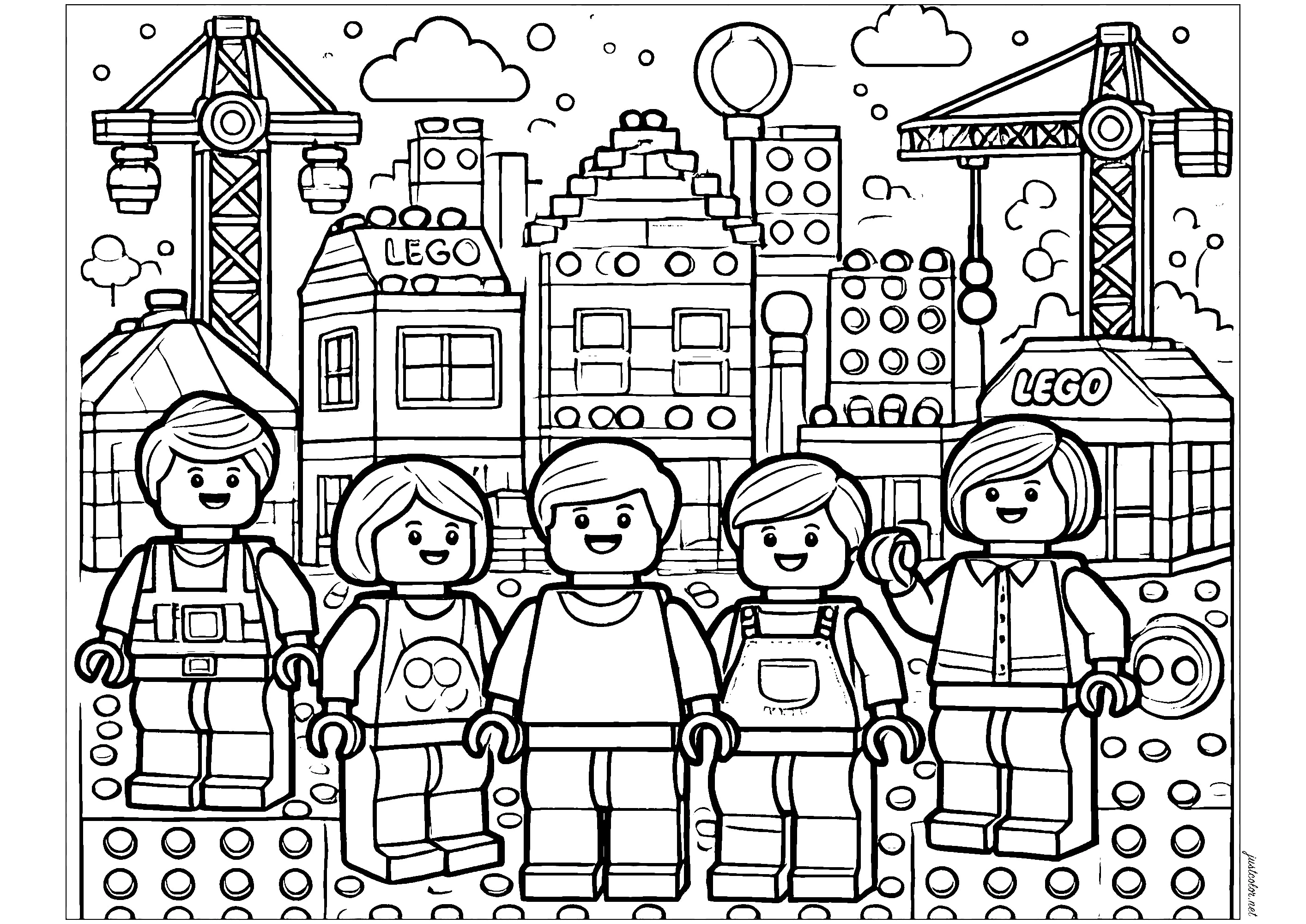 Building a Lego village (Printable Coloring Page for Kids)