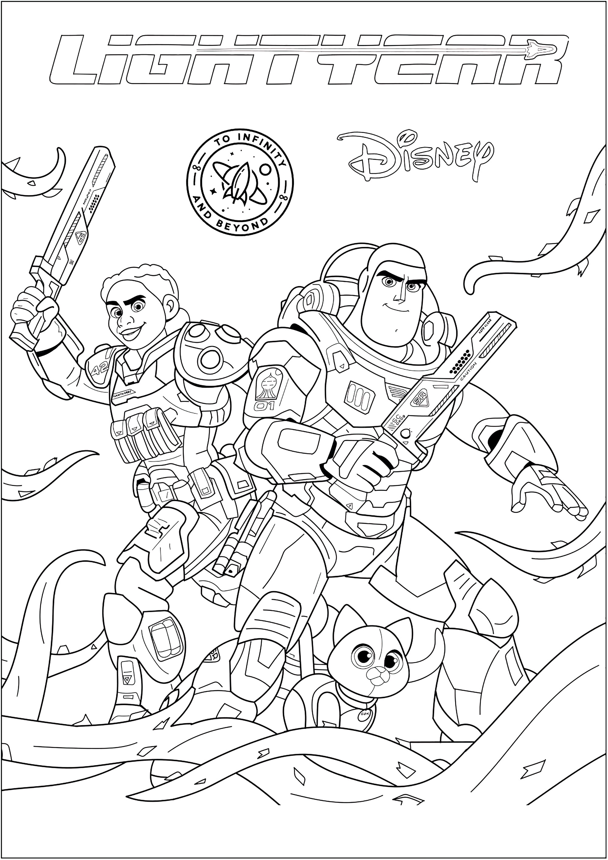 Coloring page with all the Lightyear characters, from Disney / Pixar