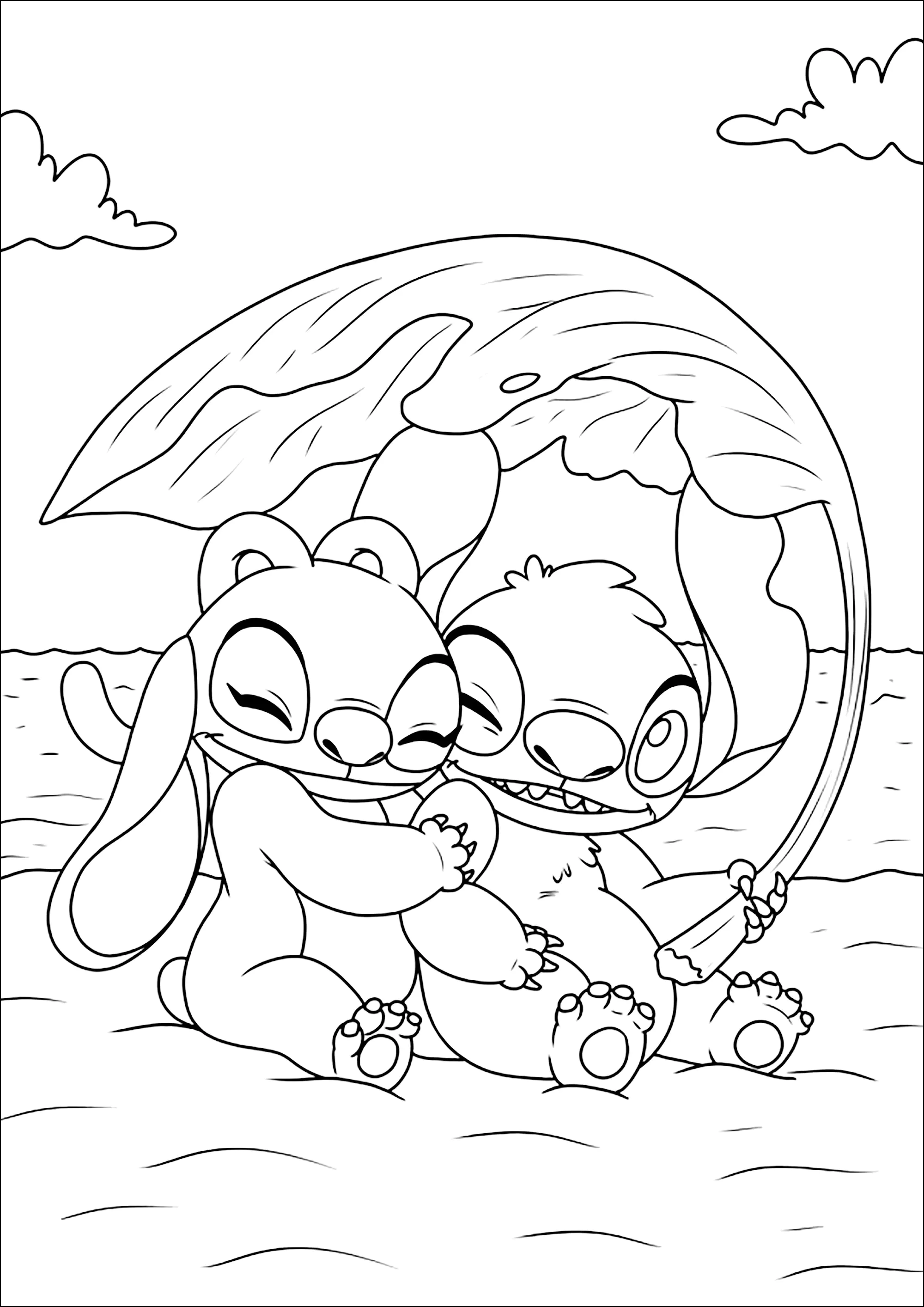 Stitch and his girlfriend Angel at the beach (Printable Images tagged "angel-lilo-stitch" Coloring Page for Kids)