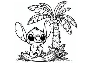 Stitch at the foot of a palm tree (Lilo and Stitch Coloring Page)